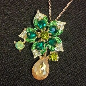 Gold-Tone Green Rhinestone Flower Pendant Necklace